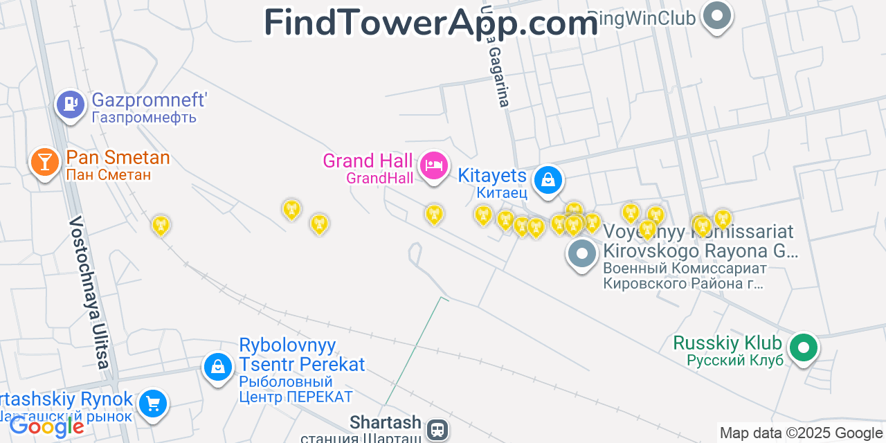 Map showing the 20 primary cell tower locations detected in Yekaterinburg, Russia with coverage areas and signal strength