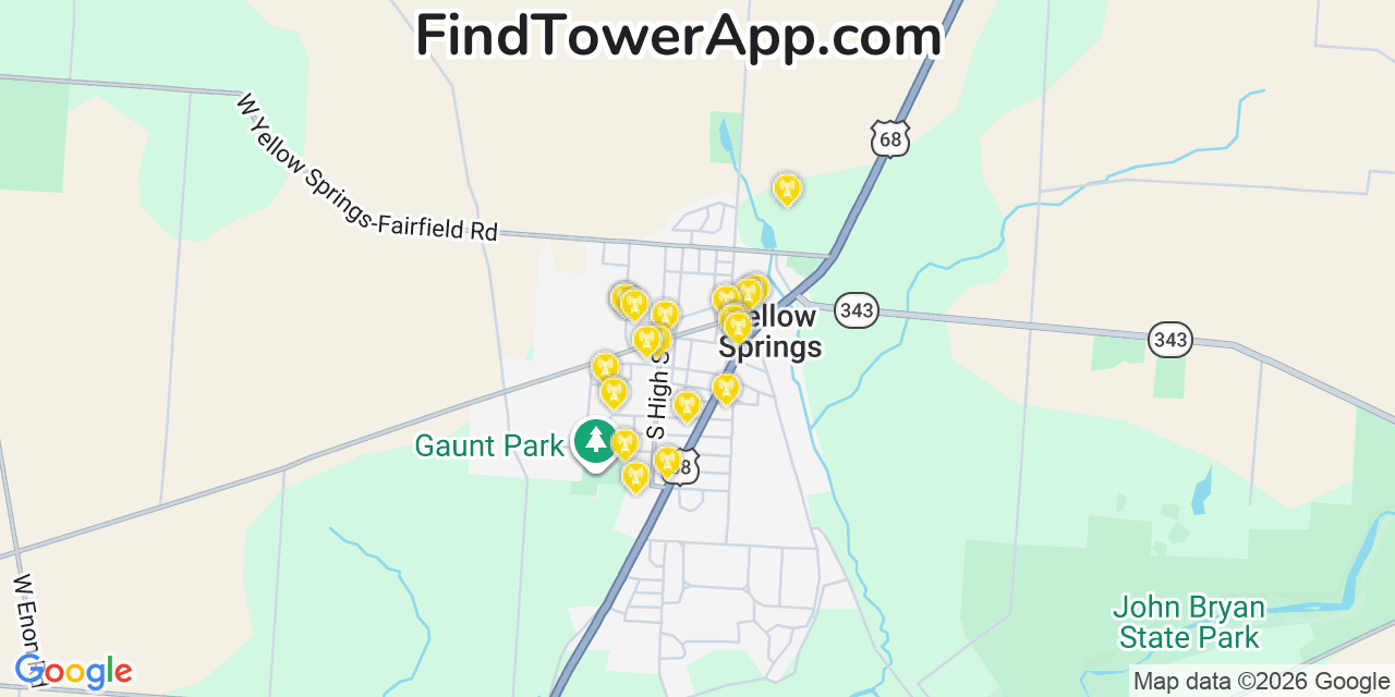 Map showing the 20 primary cell tower locations detected in Yellow Springs, Ohio from AT&T, Verizon, and T-Mobile networks