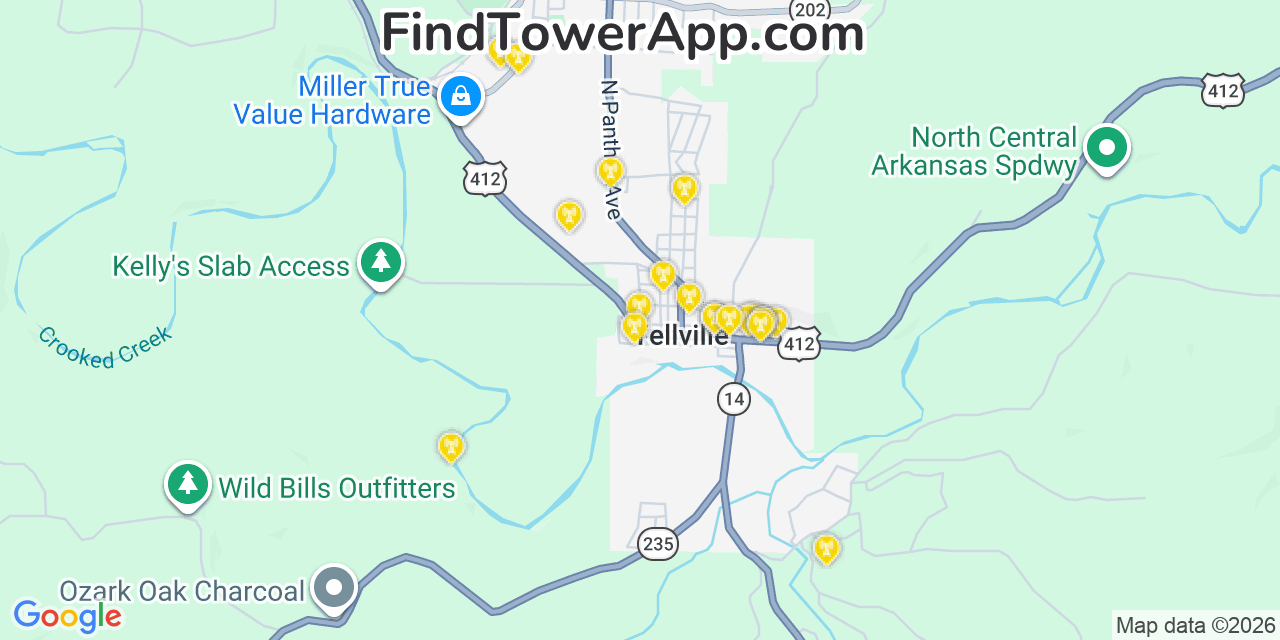 Map showing the 20 primary cell tower locations detected in Yellville, Arkansas from AT&T, Verizon, and T-Mobile networks