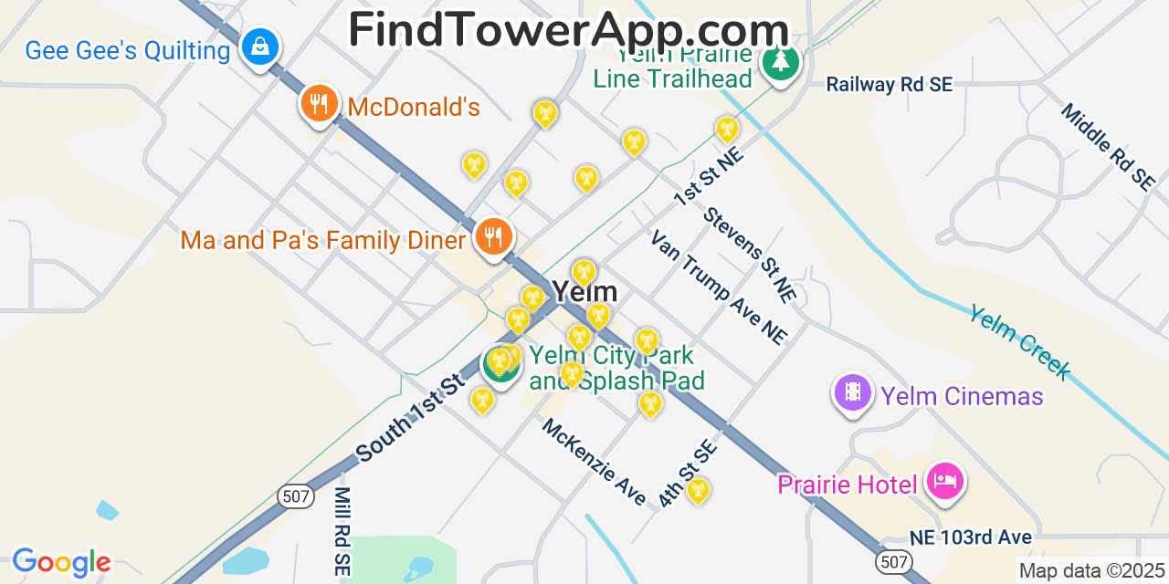 Map showing the 20 primary cell tower locations detected in Yelm, Washington from AT&T, Verizon, and T-Mobile networks