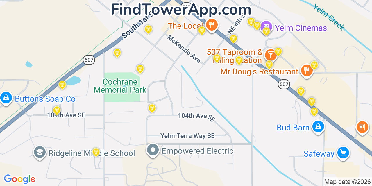 Map showing the 20 primary cell tower locations detected in Yelm, Washington from AT&T, Verizon, and T-Mobile networks