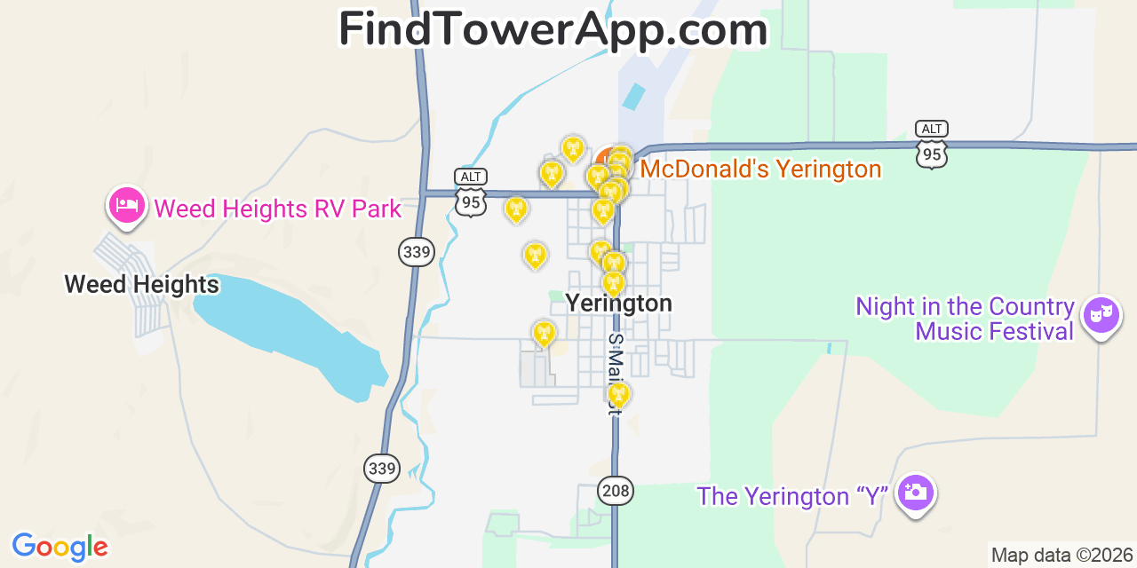 Map showing the 20 primary cell tower locations detected in Yerington, Nevada from AT&T, Verizon, and T-Mobile networks