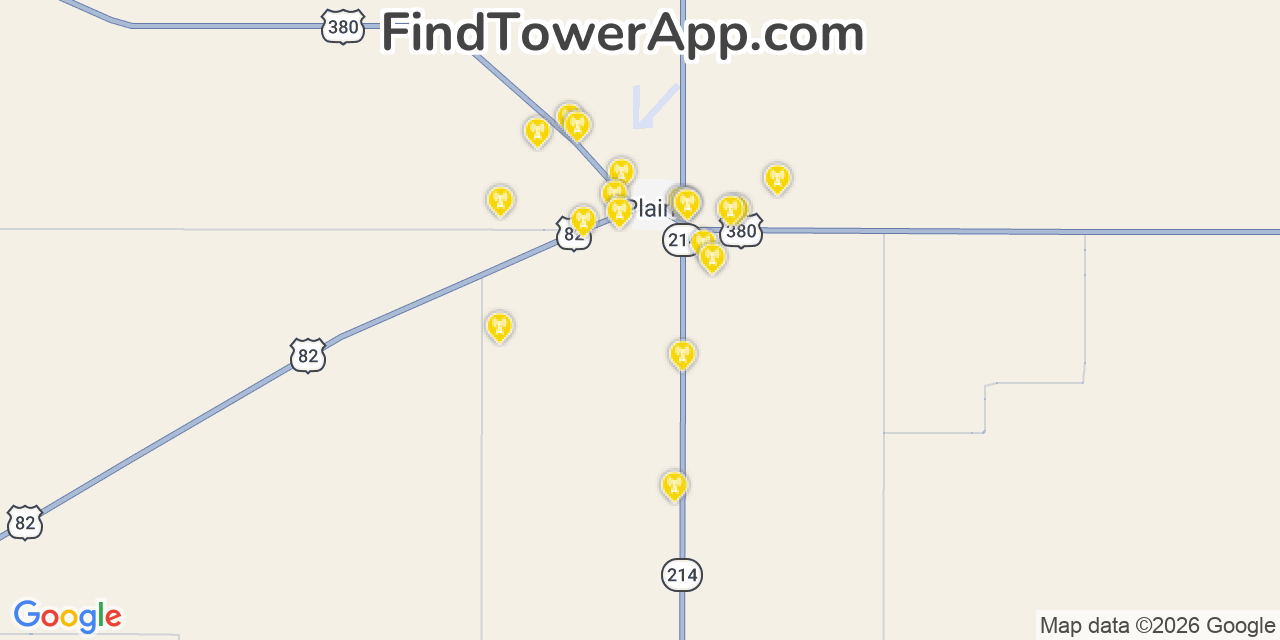Map showing the 20 primary cell tower locations detected in Yoakum, Texas from AT&T, Verizon, and T-Mobile networks