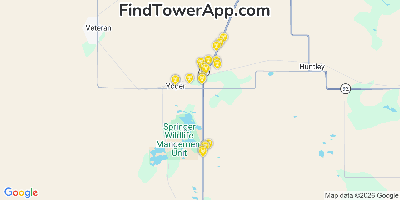 Map showing the 20 primary cell tower locations detected in Yoder, Wyoming from AT&T, Verizon, and T-Mobile networks