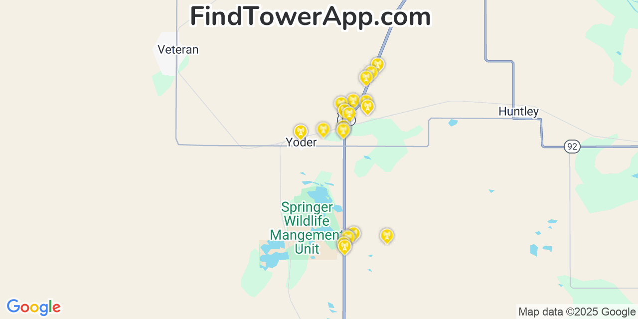 Map showing the 20 primary Verizon cell tower locations detected in Yoder, Wyoming with coverage radius and signal strength indicators