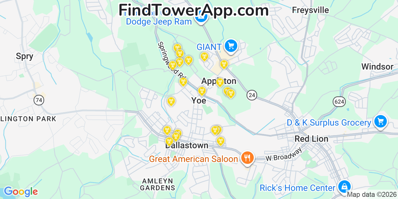 Map showing the 20 primary cell tower locations detected in Yoe, Pennsylvania from AT&T, Verizon, and T-Mobile networks