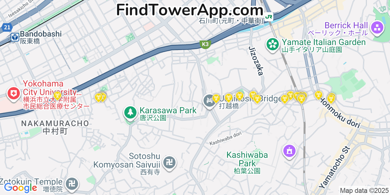Map showing the 20 primary cell tower locations detected in Yokohama, Japan with coverage areas and signal strength