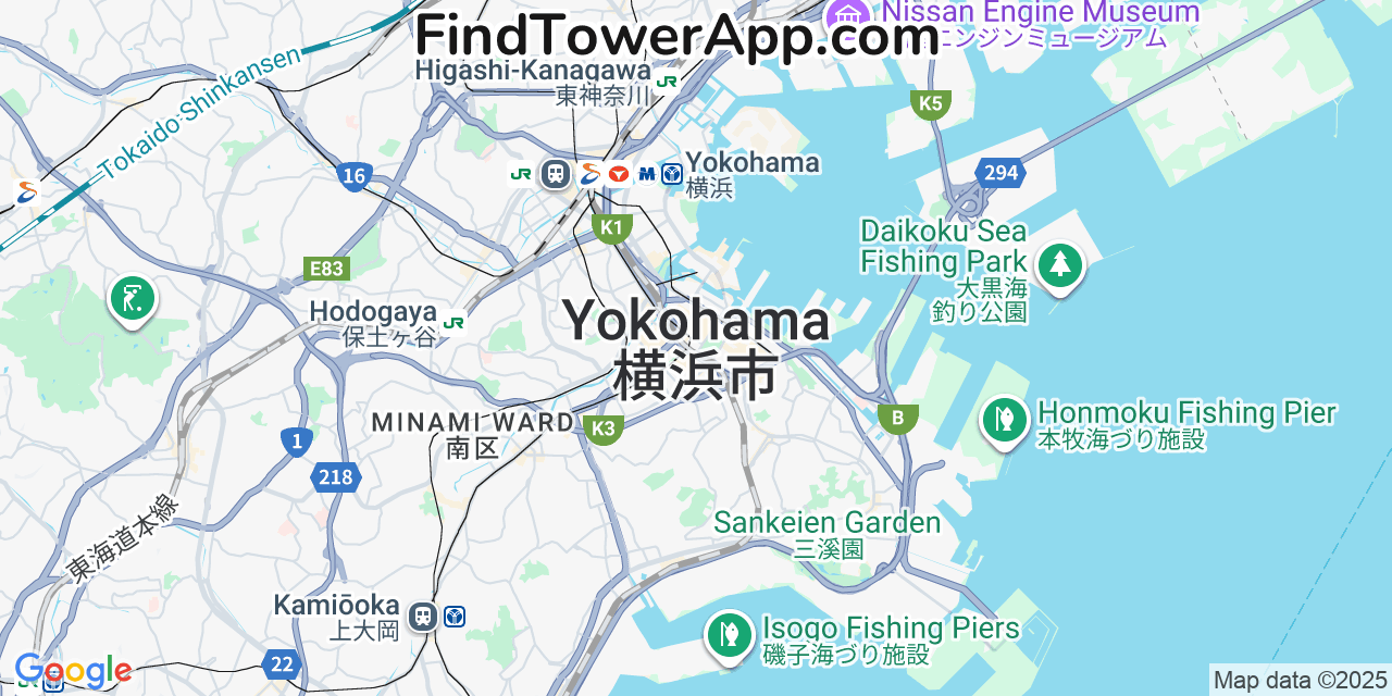 Map showing the 0 primary UQ-mobile cell tower locations detected in Yokohama, Japan with coverage radius and signal strength indicators