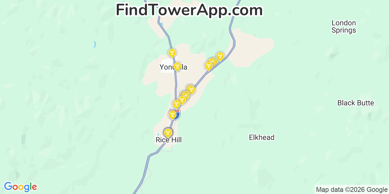 Map showing the 20 primary cell tower locations detected in Yoncalla, Oregon from AT&T, Verizon, and T-Mobile networks