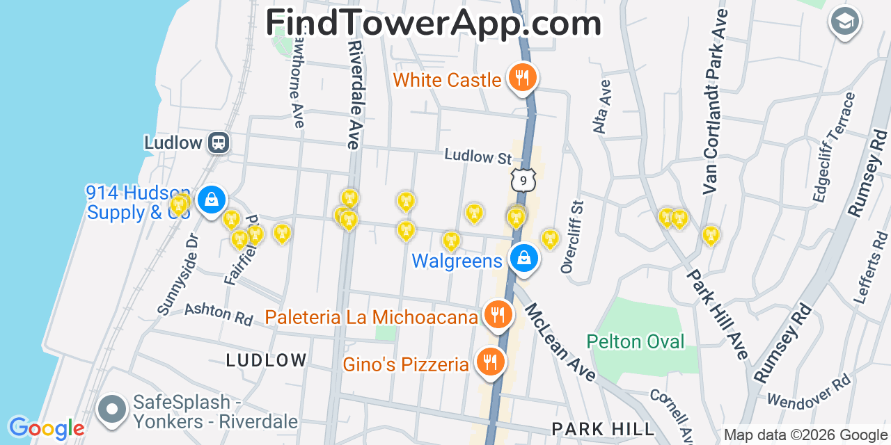 Map showing the 20 primary cell tower locations detected in Yonkers, New York from AT&T, Verizon, and T-Mobile networks