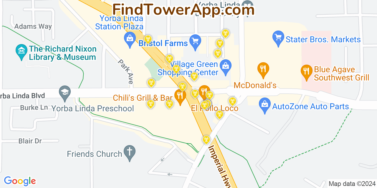 AT&T 4G/5G cell tower coverage map Yorba Linda, California