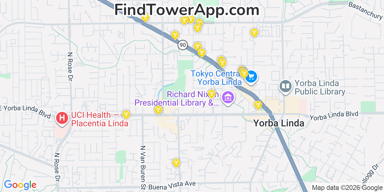 Map showing the 20 primary cell tower locations detected in Yorba Linda, California from AT&T, Verizon, and T-Mobile networks