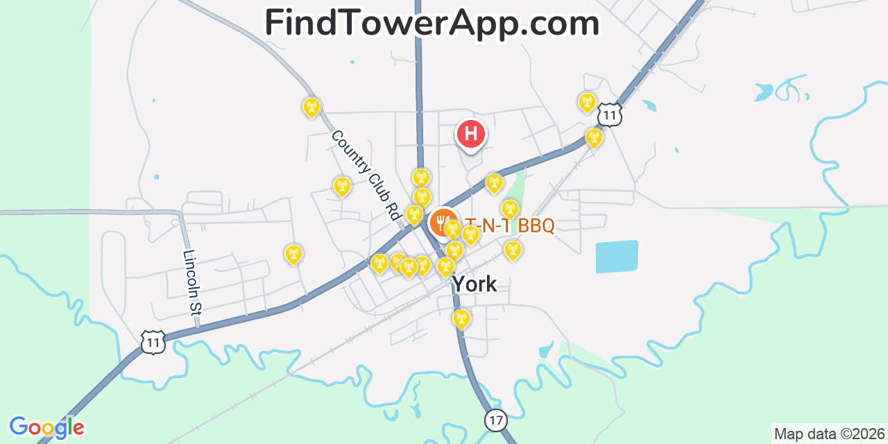 Map showing the 20 primary cell tower locations detected in York, Alabama from AT&T, Verizon, and T-Mobile networks