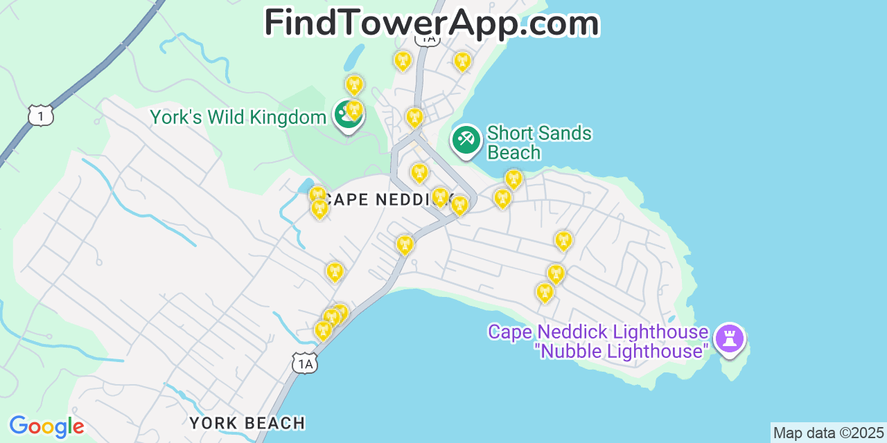 Map showing the 20 primary cell tower locations detected in York Beach, Maine from AT&T, Verizon, and T-Mobile networks