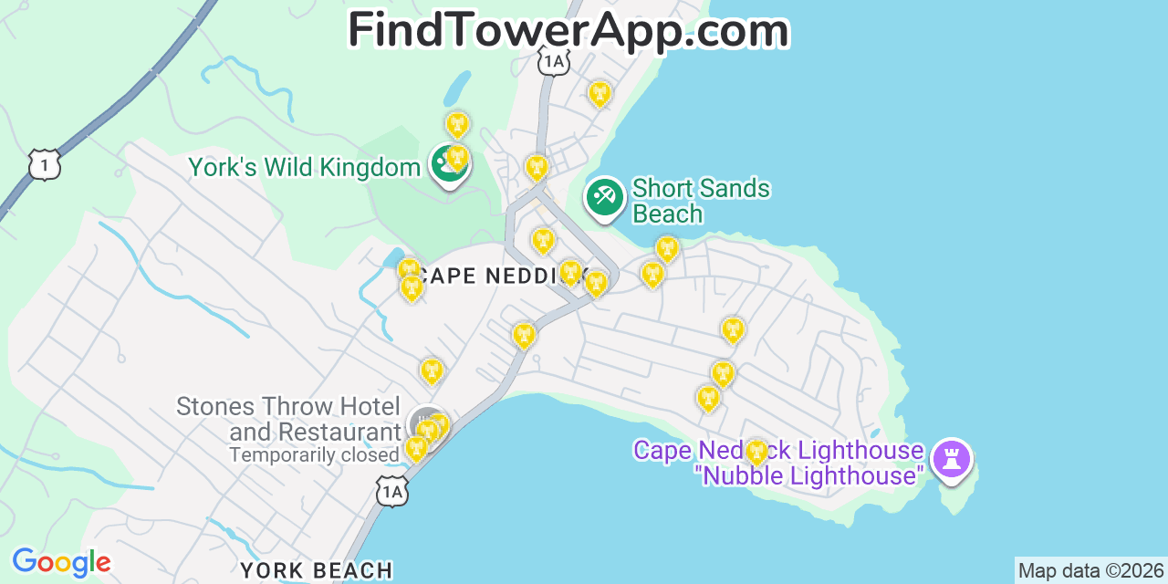 Map showing the 20 primary cell tower locations detected in York Beach, Maine from AT&T, Verizon, and T-Mobile networks