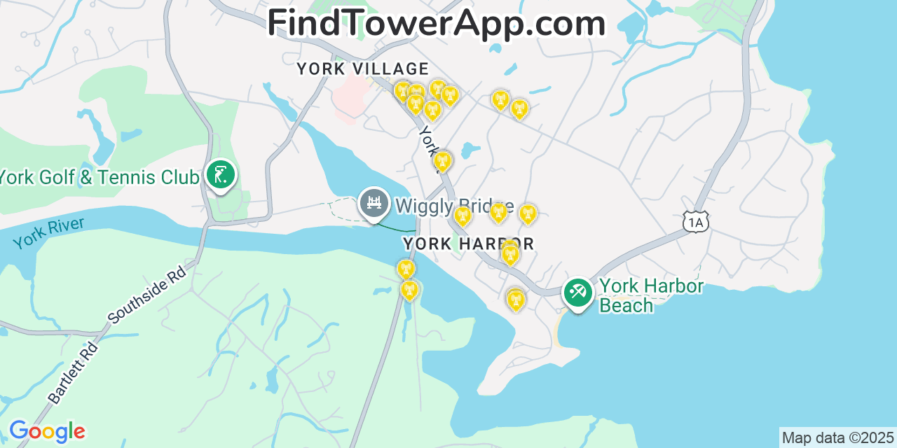 Map showing the 20 primary cell tower locations detected in York Harbor, Maine from AT&T, Verizon, and T-Mobile networks