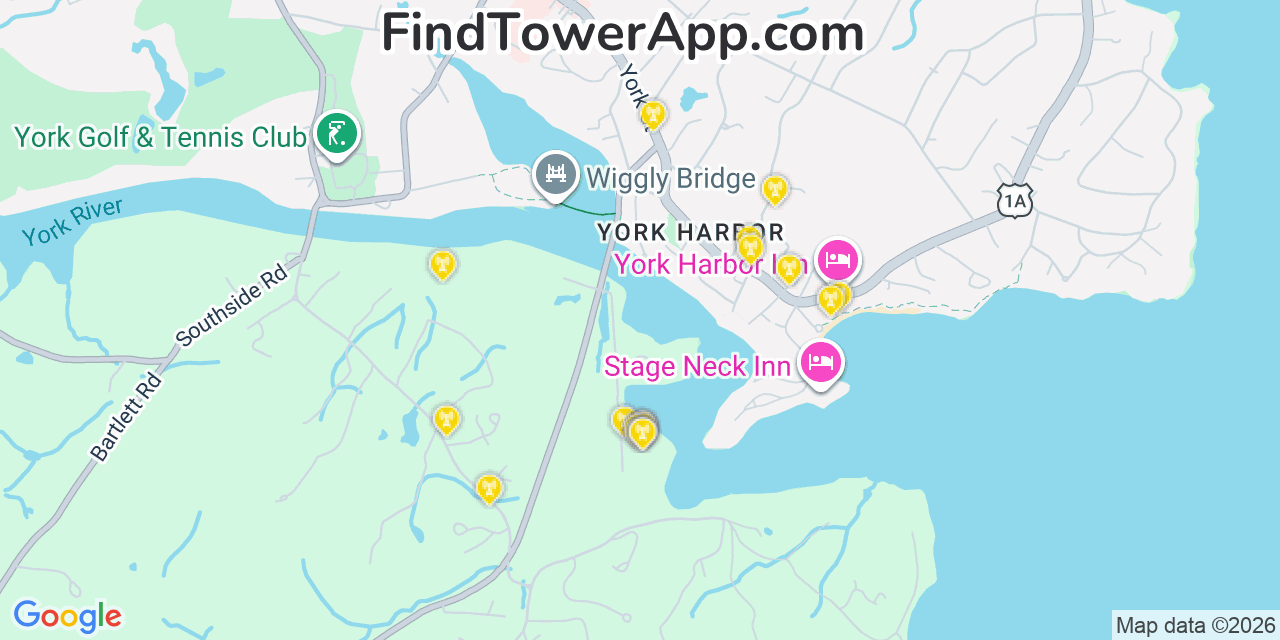 Map showing the 20 primary cell tower locations detected in York Harbor, Maine from AT&T, Verizon, and T-Mobile networks