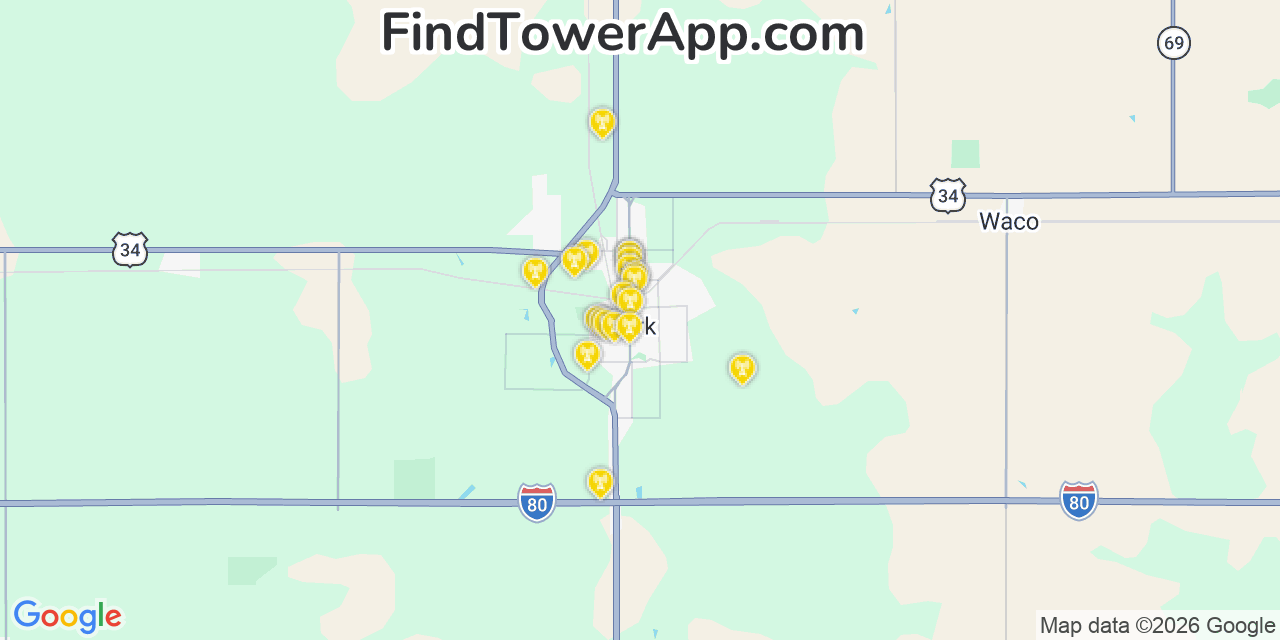 Map showing the 20 primary cell tower locations detected in York, Nebraska from AT&T, Verizon, and T-Mobile networks