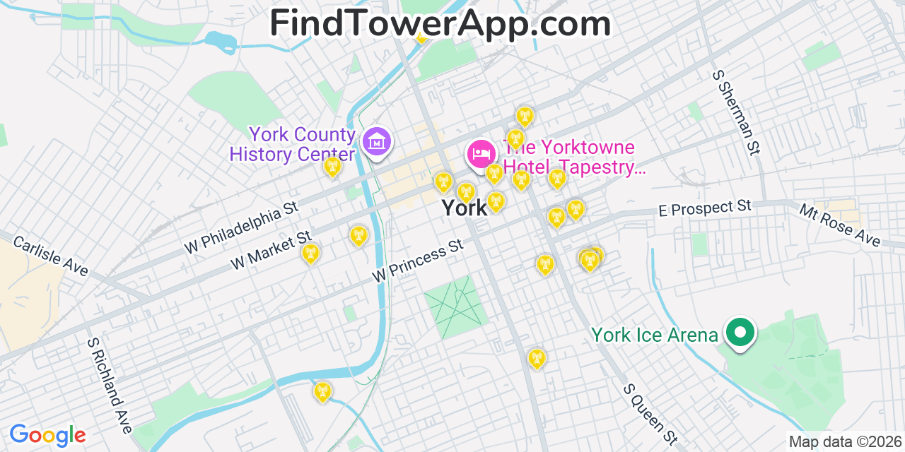Map showing the 20 primary cell tower locations detected in York, Pennsylvania from AT&T, Verizon, and T-Mobile networks