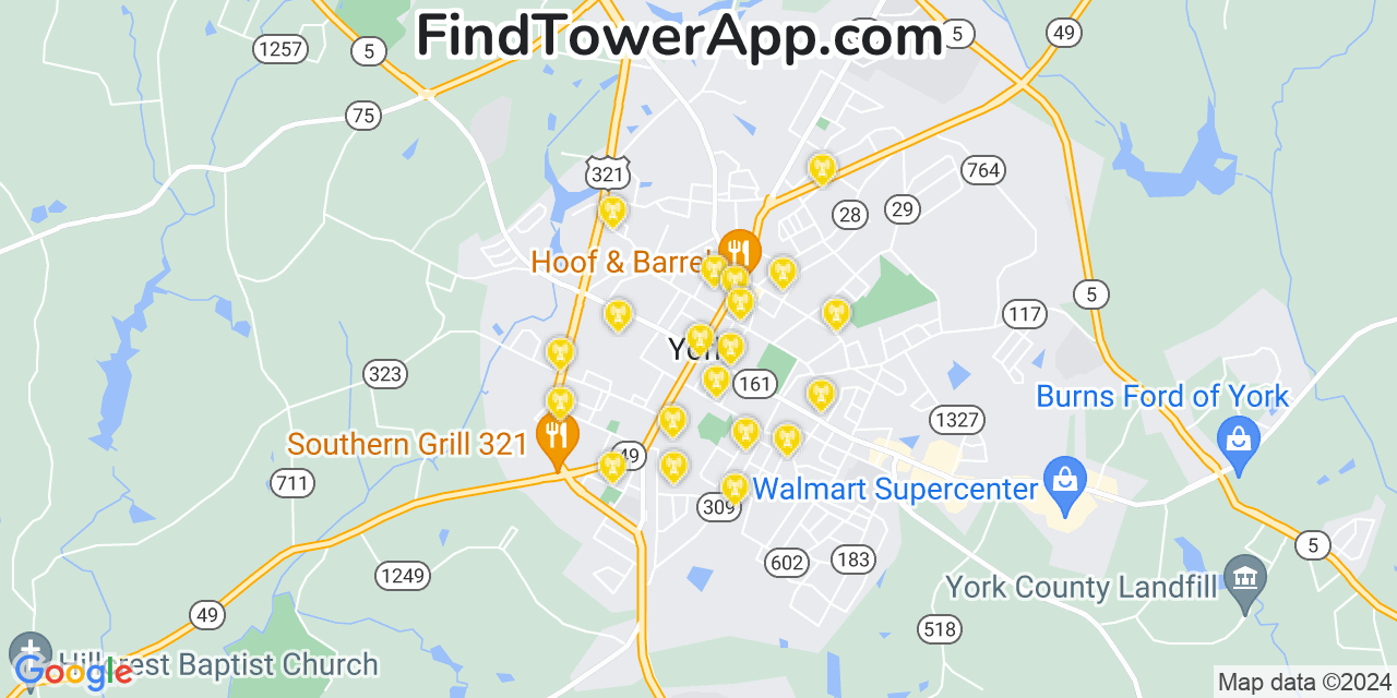 AT&T 4G/5G cell tower coverage map York, South Carolina