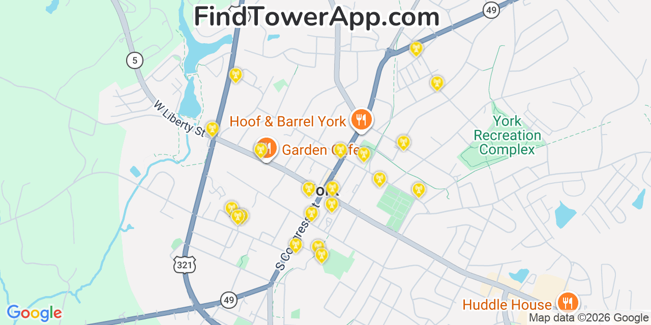 Map showing the 20 primary cell tower locations detected in York, South Carolina from AT&T, Verizon, and T-Mobile networks
