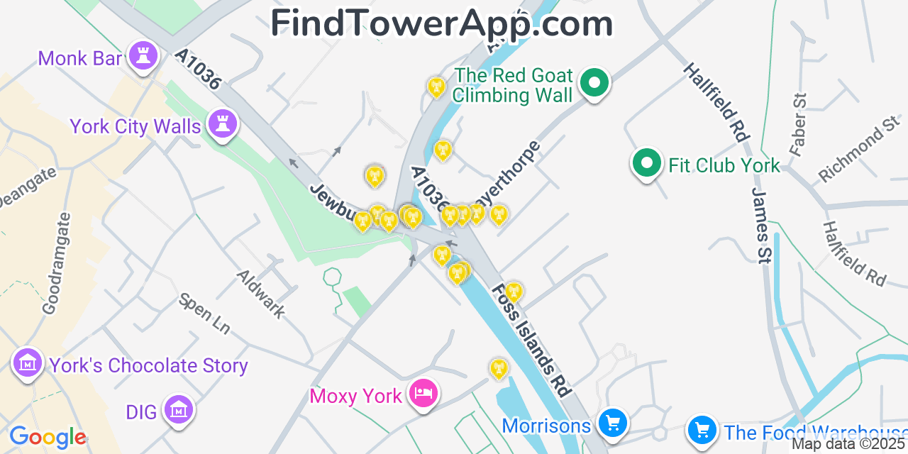 York Cell Towers, United-Kingdom - FindTower App Coverage Maps