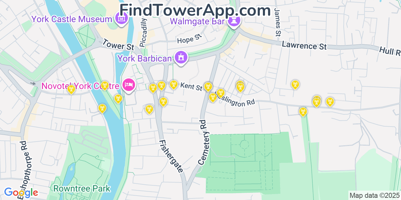 Map showing the 20 primary cell tower locations detected in York, United Kingdom with coverage areas and signal strength