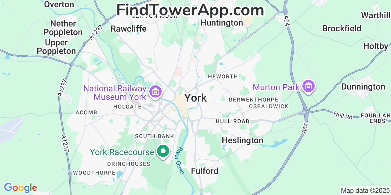 Map showing the 0 primary Talkmobile cell tower locations detected in York, United Kingdom with coverage radius and signal strength indicators