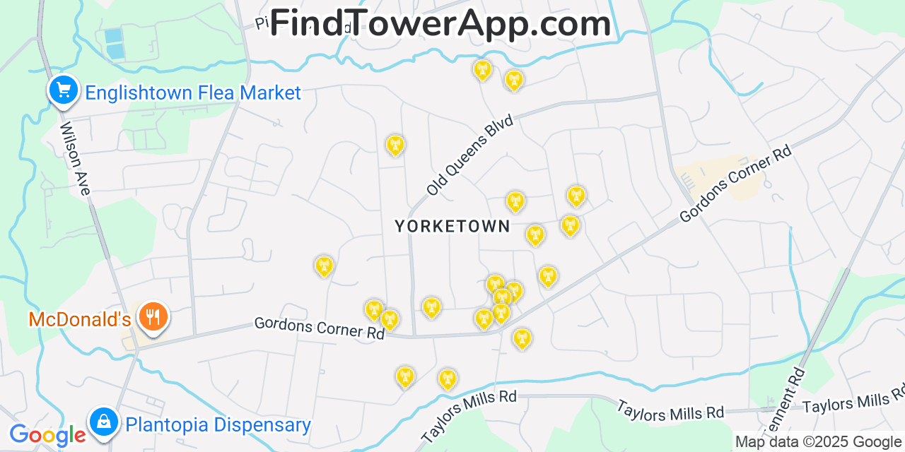 Map showing the 20 primary cell tower locations detected in Yorketown, New Jersey from AT&T, Verizon, and T-Mobile networks