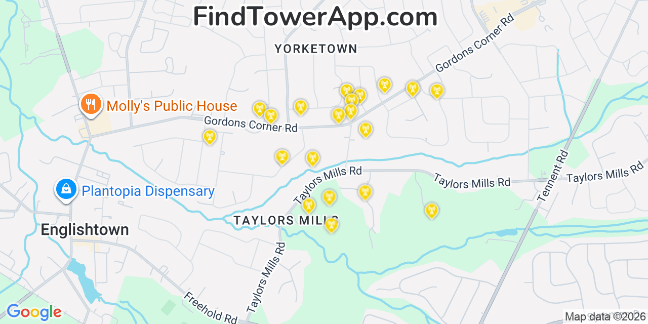 Map showing the 20 primary cell tower locations detected in Yorketown, New Jersey from AT&T, Verizon, and T-Mobile networks