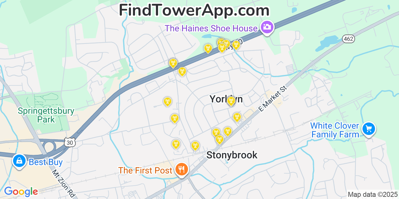 Map showing the 20 primary cell tower locations detected in Yorklyn, Pennsylvania from AT&T, Verizon, and T-Mobile networks