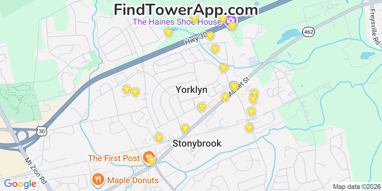 Map showing the 20 primary cell tower locations detected in Yorklyn, Pennsylvania from AT&T, Verizon, and T-Mobile networks
