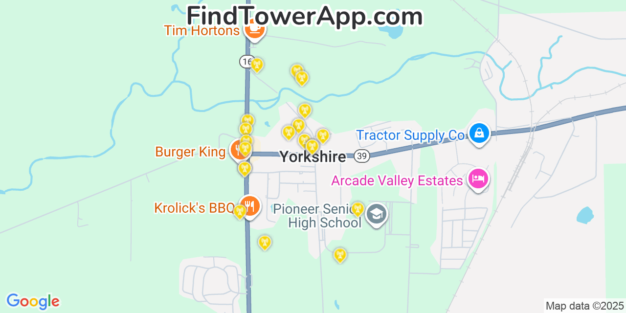 Map showing the 20 primary cell tower locations detected in Yorkshire, New York from AT&T, Verizon, and T-Mobile networks