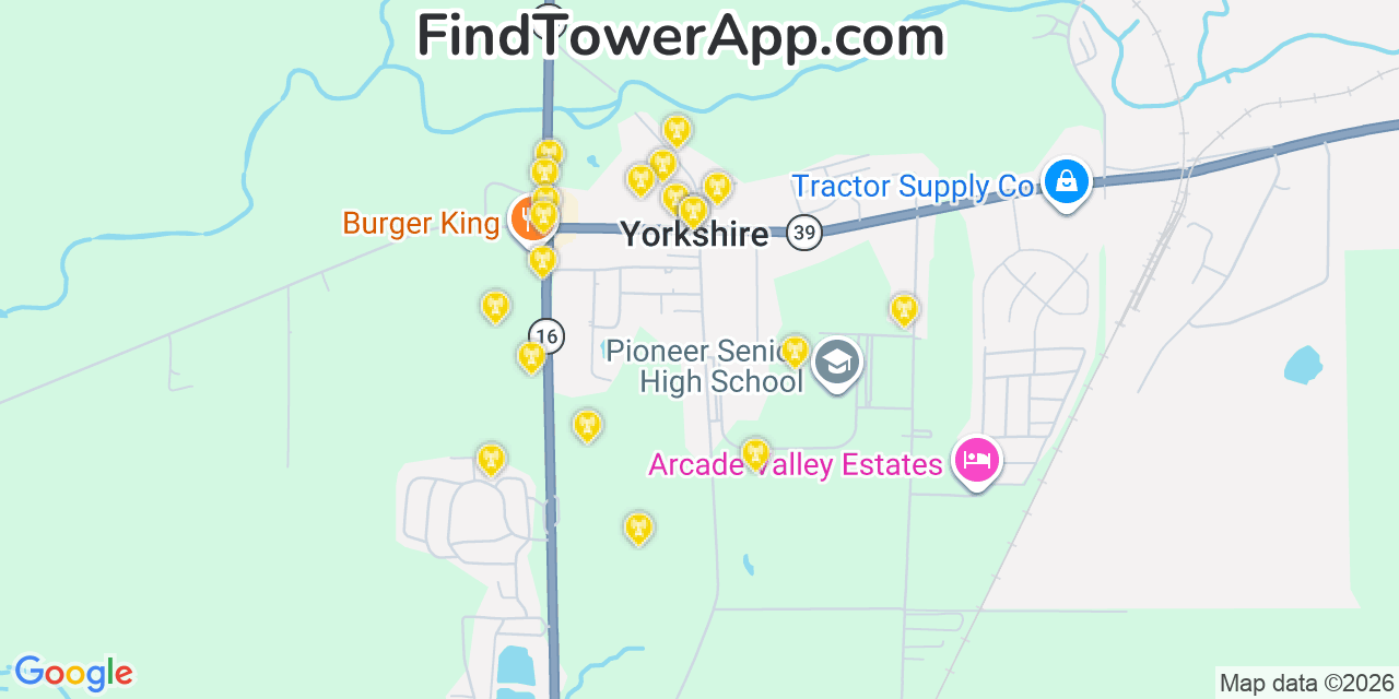 Map showing the 20 primary cell tower locations detected in Yorkshire, New York from AT&T, Verizon, and T-Mobile networks