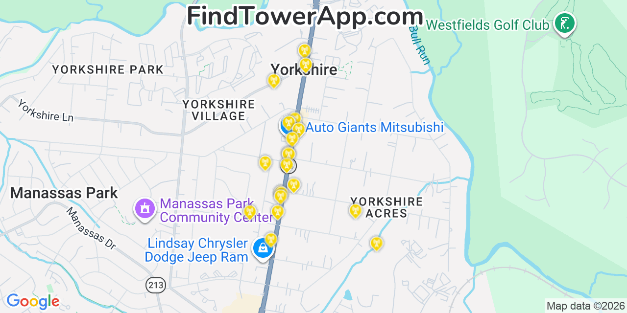 Map showing the 20 primary cell tower locations detected in Yorkshire, Virginia from AT&T, Verizon, and T-Mobile networks