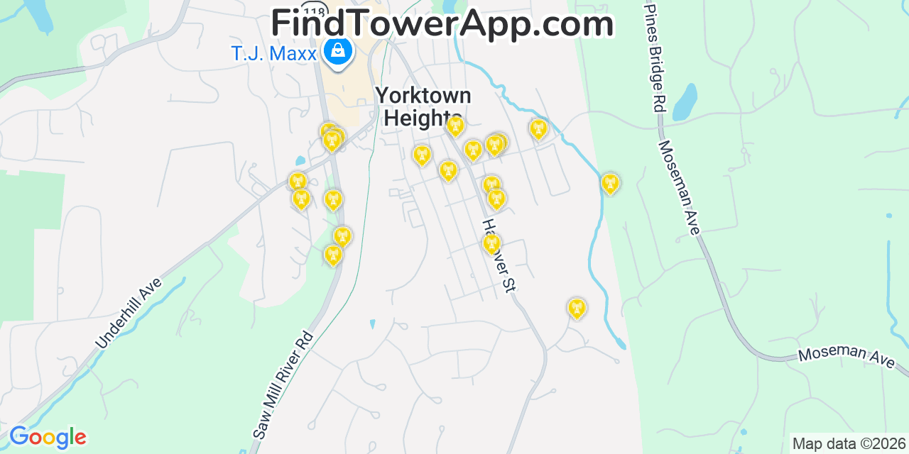 Map showing the 20 primary cell tower locations detected in Yorktown Heights, New York from AT&T, Verizon, and T-Mobile networks