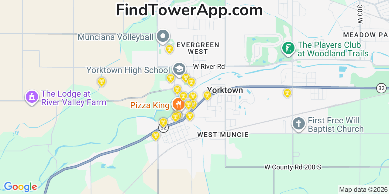 Map showing the 20 primary cell tower locations detected in Yorktown, Indiana from AT&T, Verizon, and T-Mobile networks