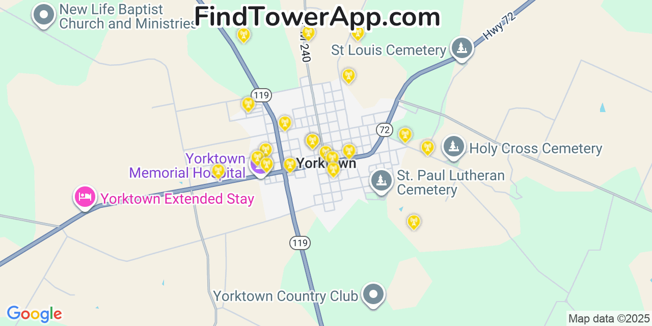 Map showing the 20 primary cell tower locations detected in Yorktown, Texas from AT&T, Verizon, and T-Mobile networks