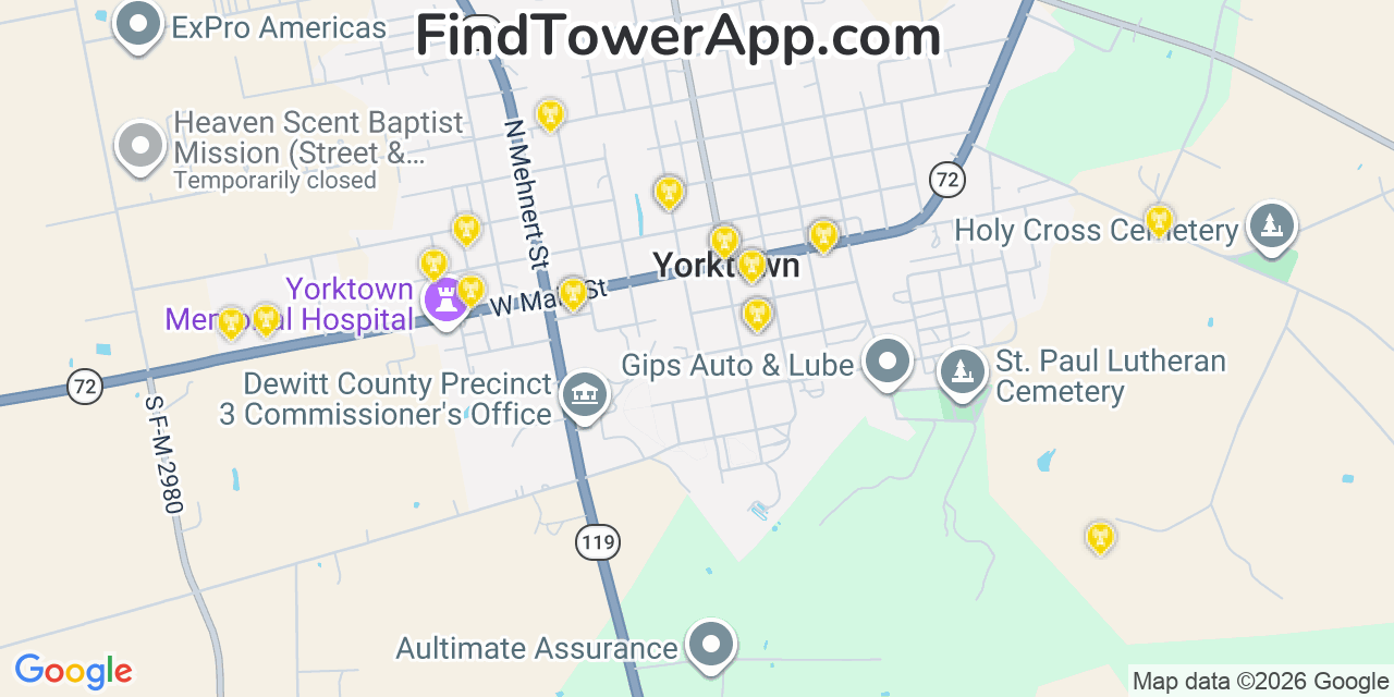 Map showing the 20 primary cell tower locations detected in Yorktown, Texas from AT&T, Verizon, and T-Mobile networks