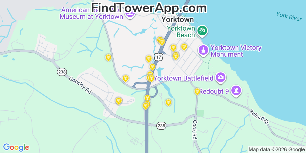 Map showing the 20 primary cell tower locations detected in Yorktown, Virginia from AT&T, Verizon, and T-Mobile networks