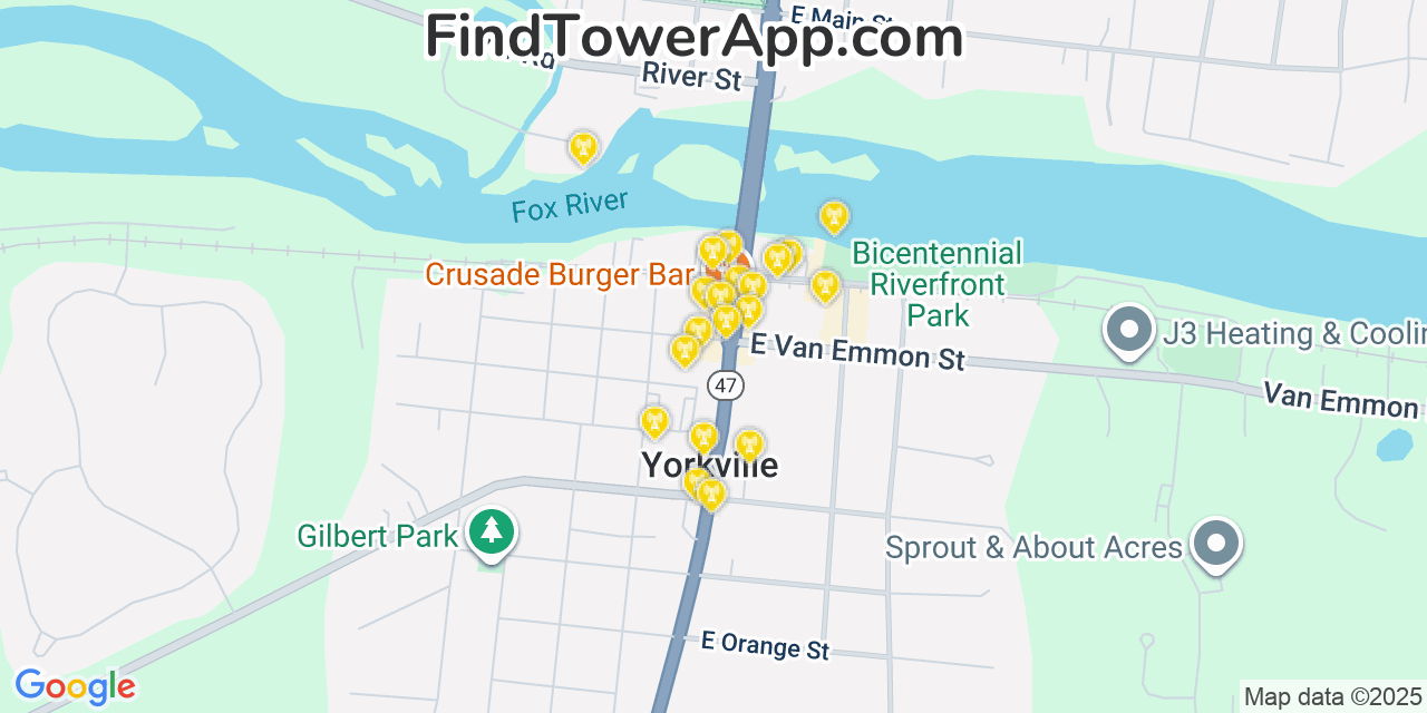 Map showing the 20 primary cell tower locations detected in Yorkville, Illinois from AT&T, Verizon, and T-Mobile networks