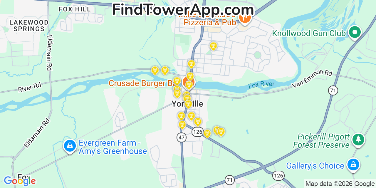 Map showing the 20 primary cell tower locations detected in Yorkville, Illinois from AT&T, Verizon, and T-Mobile networks
