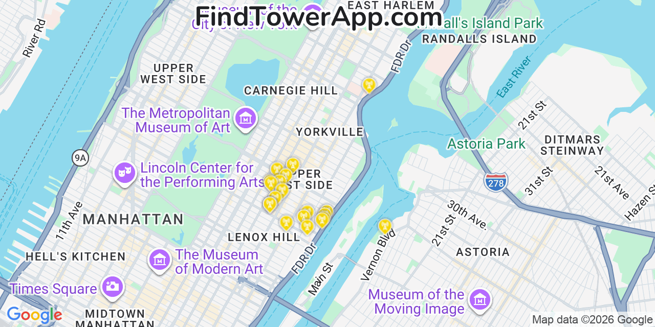 Map showing the 20 primary cell tower locations detected in Yorkville, New York from AT&T, Verizon, and T-Mobile networks