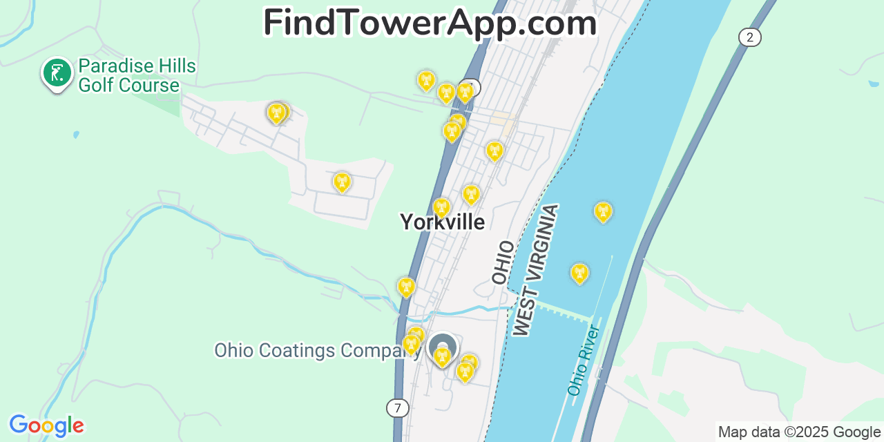 Map showing the 20 primary cell tower locations detected in Yorkville, Ohio from AT&T, Verizon, and T-Mobile networks
