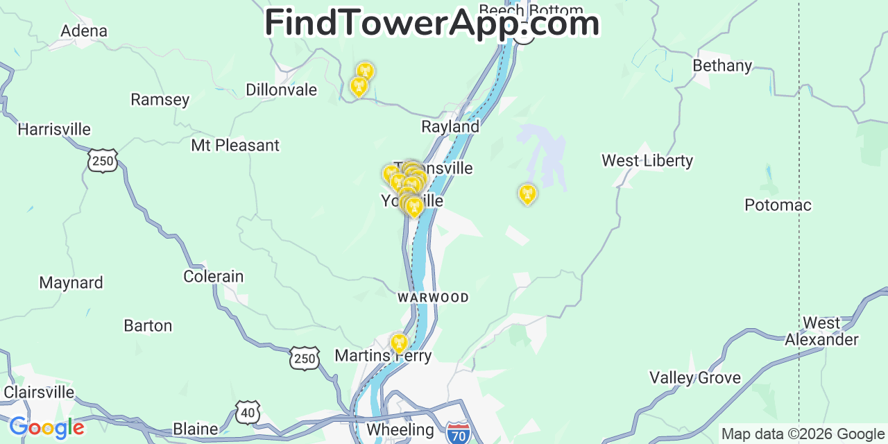 Map showing the 20 primary cell tower locations detected in Yorkville, Ohio from AT&T, Verizon, and T-Mobile networks