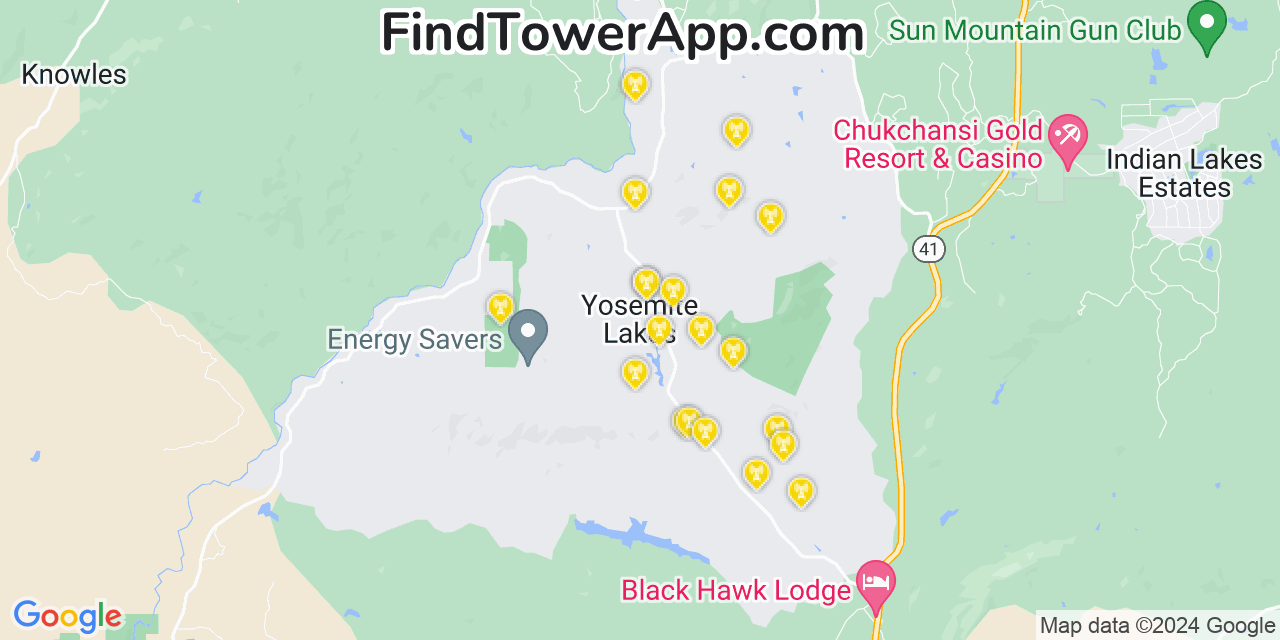 AT&T 4G/5G cell tower coverage map Yosemite Lakes, California