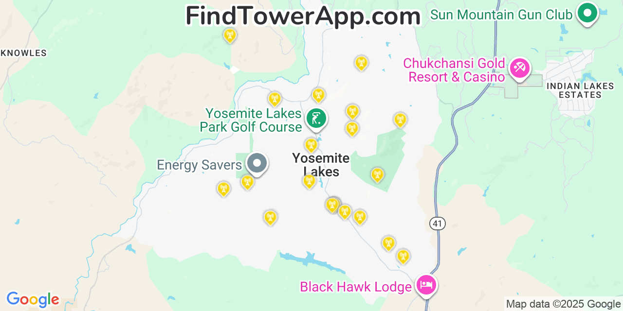 Map showing the 20 primary cell tower locations detected in Yosemite Lakes, California from AT&T, Verizon, and T-Mobile networks