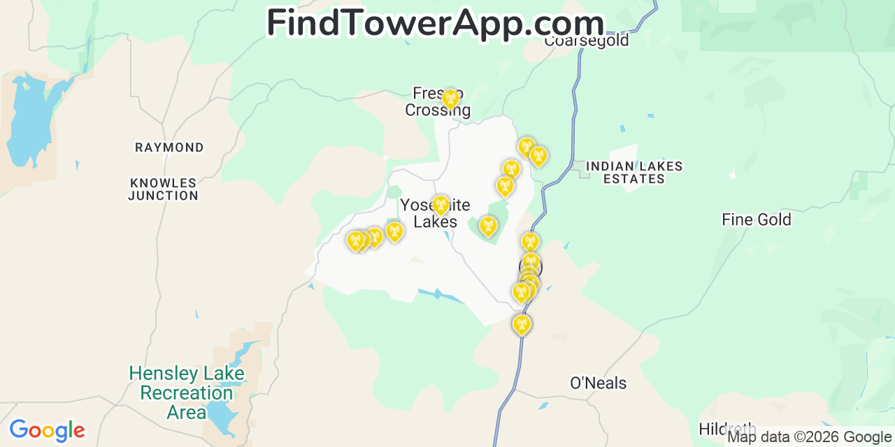 Map showing the 20 primary cell tower locations detected in Yosemite Lakes, California from AT&T, Verizon, and T-Mobile networks