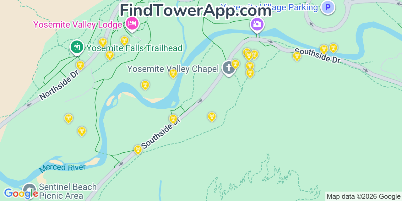Map showing the 20 primary cell tower locations detected in Yosemite Valley, California from AT&T, Verizon, and T-Mobile networks
