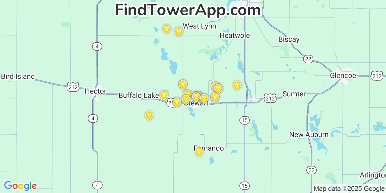 Map showing the 28 primary AT&T cell tower locations detected in Young America (Historical), Minnesota with coverage radius and signal strength indicators